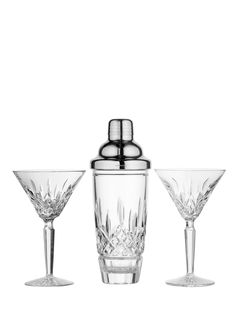Waterford Lismore crystal cocktail shaker and martini glass set, imported from the UK