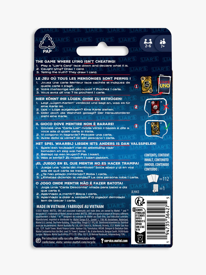 Mattel UNO Liars card game for 2 players (British brand)