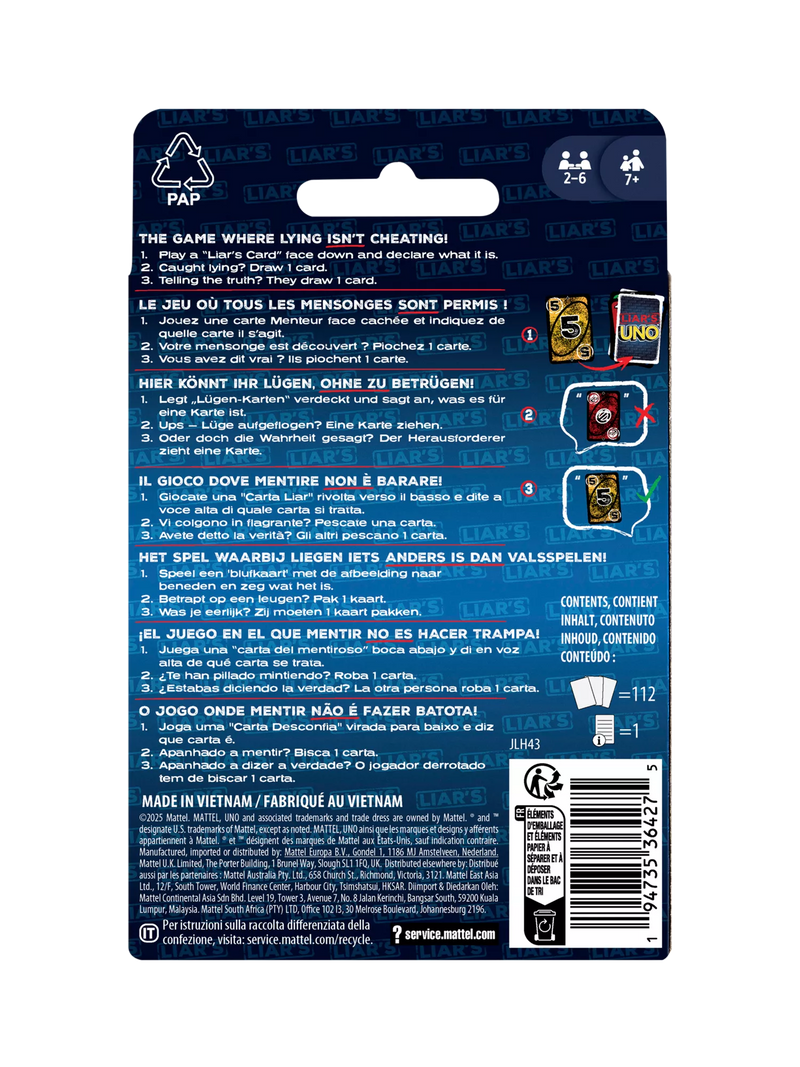 Mattel UNO Liars card game for 2 players (British brand)