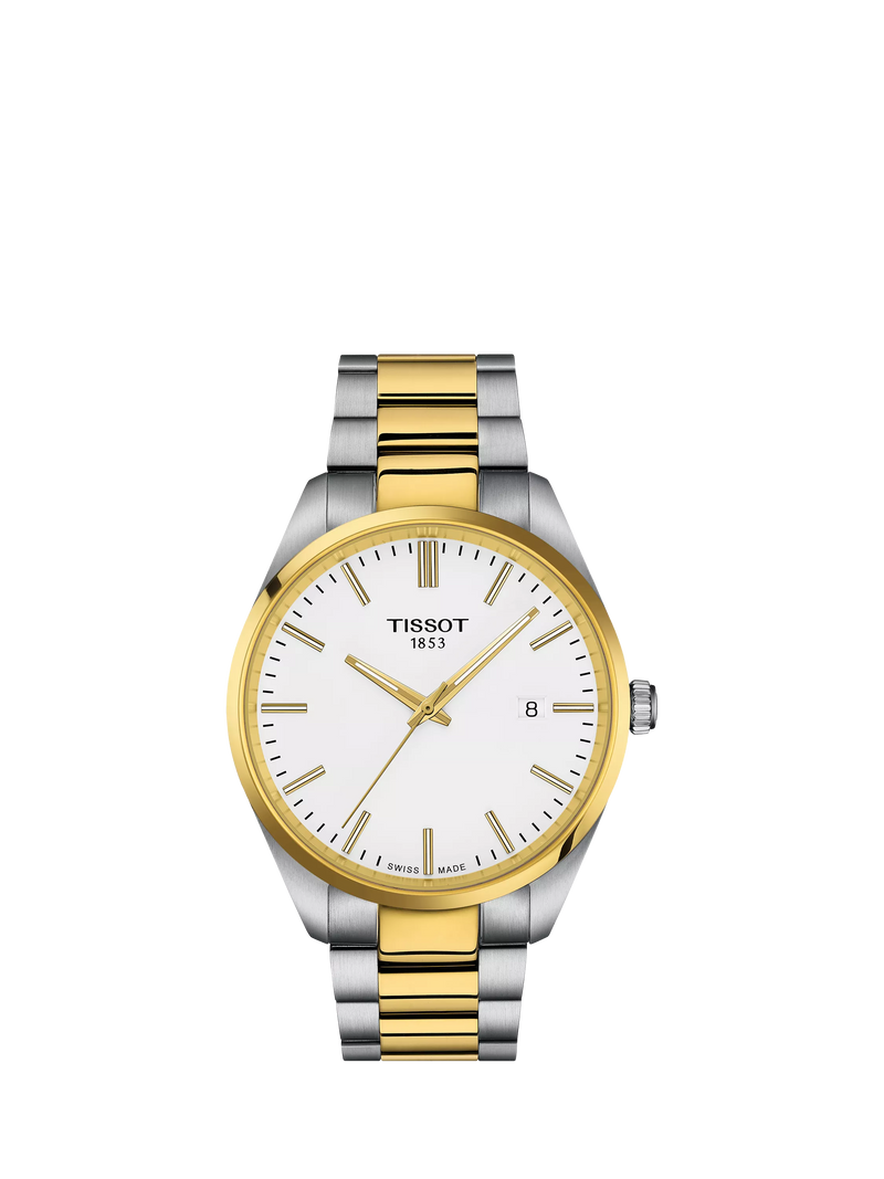 Tissot PR100 men's watch white dial two-tone strap, UK version