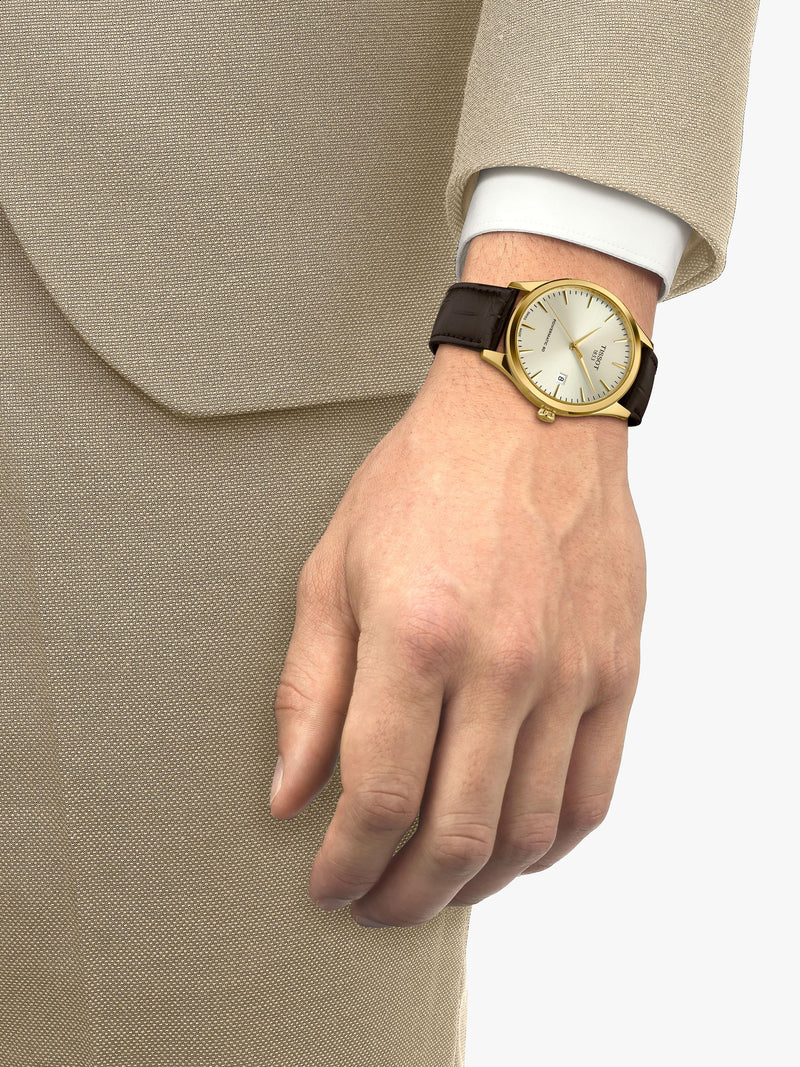Tissot Classic Dream automatic watch champagne dial brown leather strap - British product