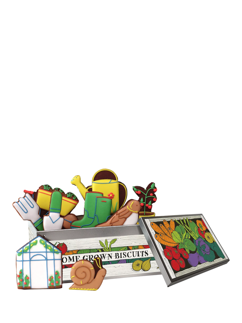 Biscuiteers gardening biscuit tin hand-iced 100g, imported from the UK