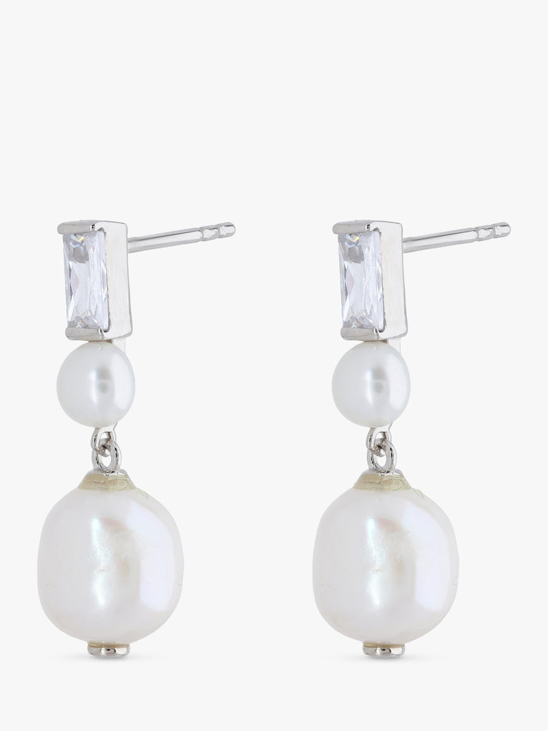 Lido baguette cubic zirconia pearl stud earrings 2cm (British brand)
