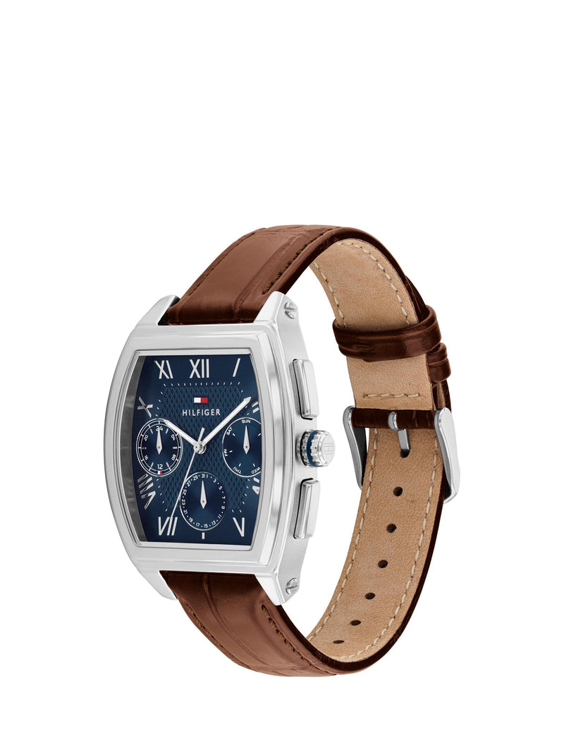 Tommy Hilfiger men's rectangular leather strap watch navy dial, UK version