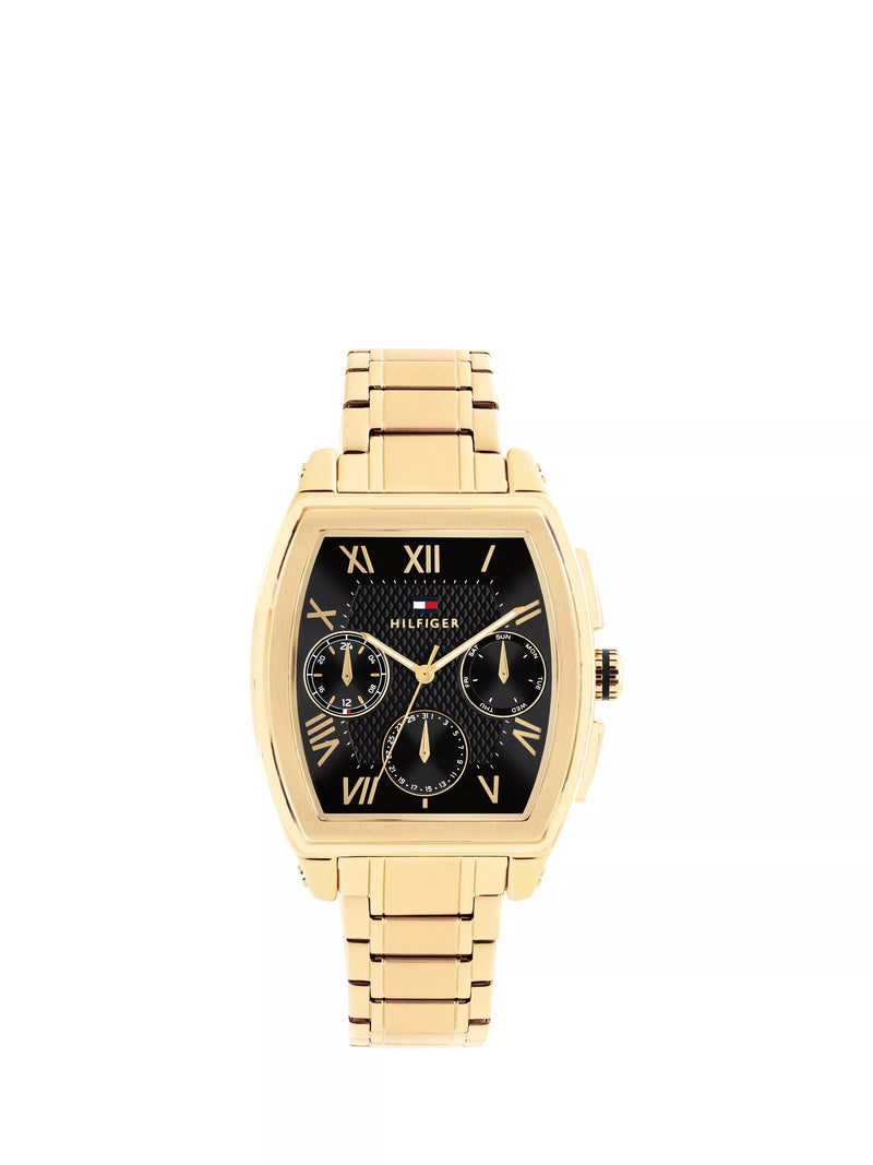 Tommy Hilfiger men's gold rectangular watch with sunray dial, UK version