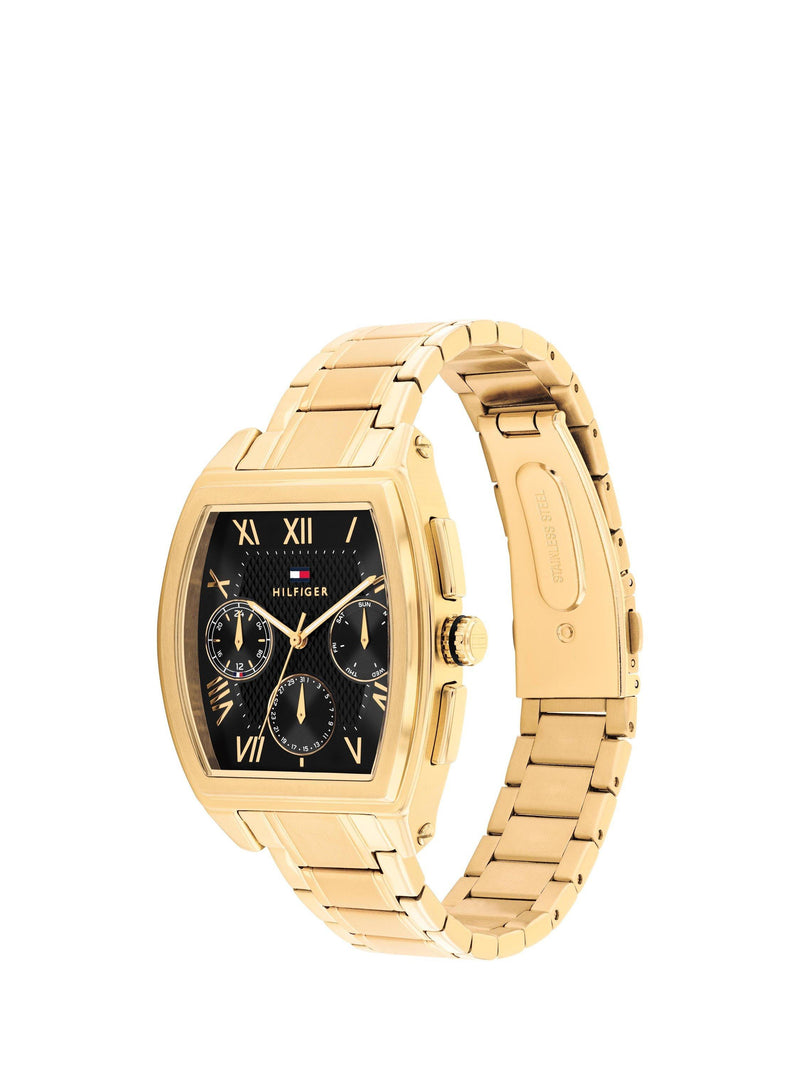 Tommy Hilfiger men's gold rectangular watch with sunray dial, UK version