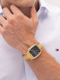 Tommy Hilfiger men's gold rectangular watch with sunray dial, UK version