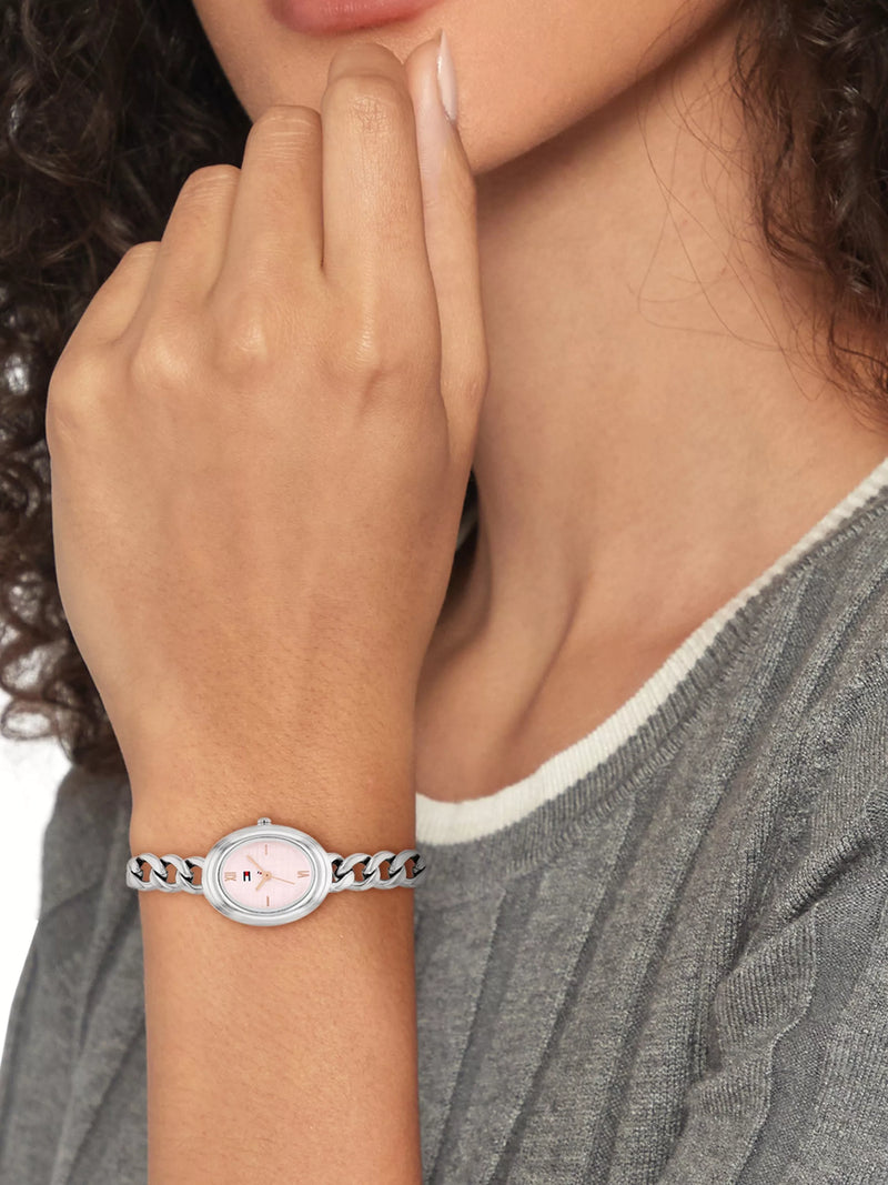 Tommy Hilfiger silver oval bracelet watch with blush dial, UK version