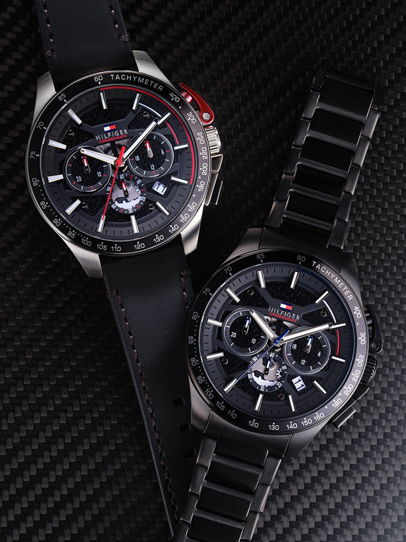 Tommy Hilfiger men's round leather strap watch 44mm, imported from the UK