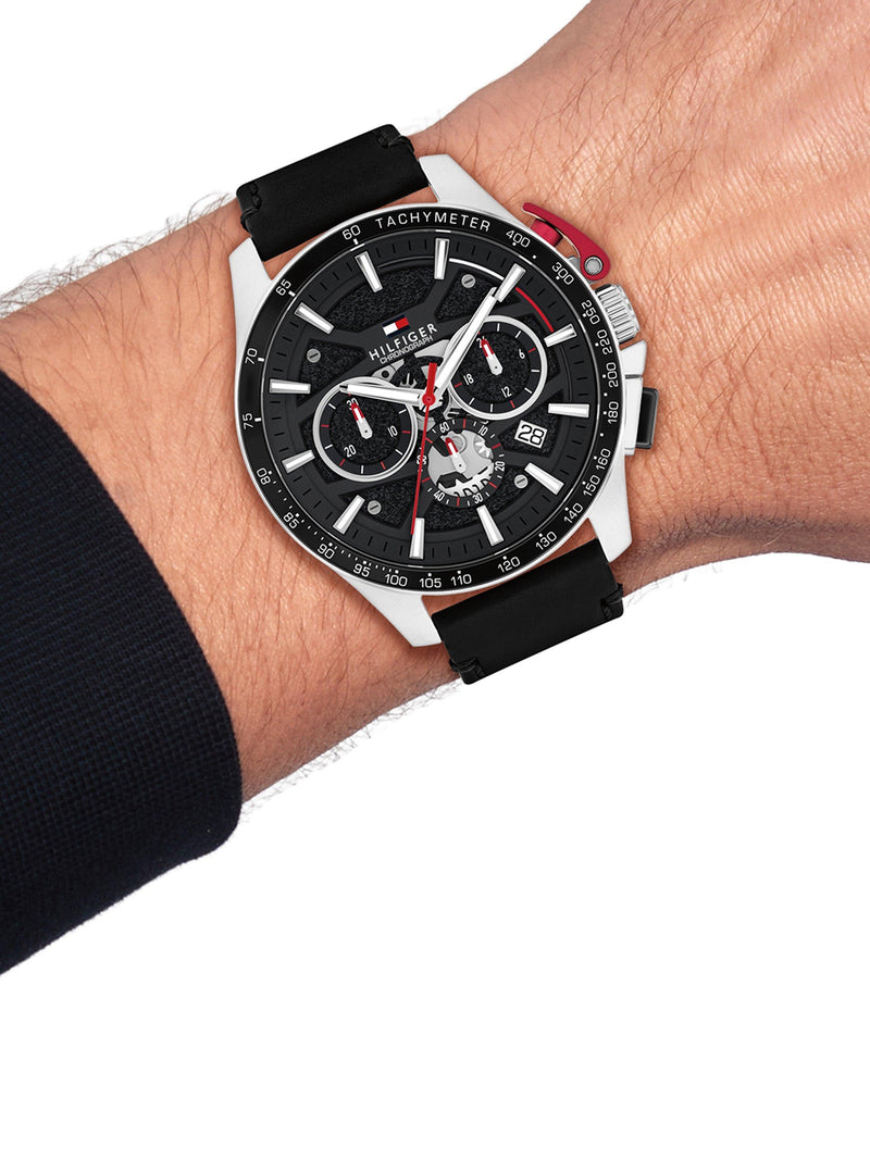 Tommy Hilfiger men's round leather strap watch 44mm, imported from the UK