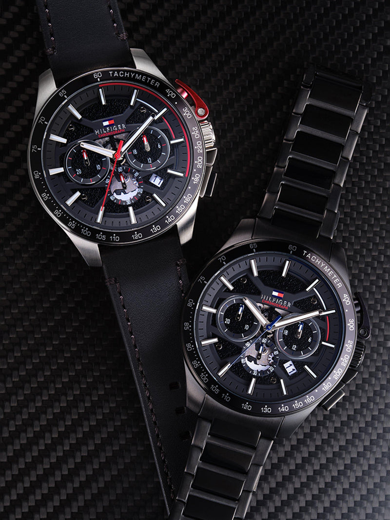 Tommy Hilfiger chronograph watch black skeleton dial (British brand)