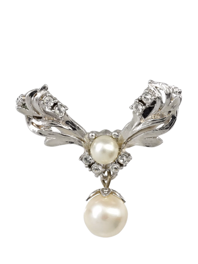 John Lewis Eclectica Pre-Loved Vintage Rhodium Plated Crystal and Faux Pearl Leaf Brooch, Silver/Cream- Buy online at McGrocer