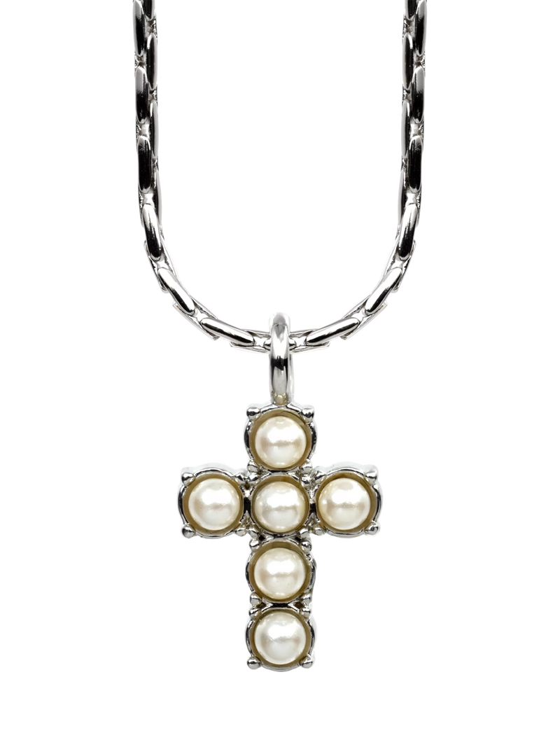 Eclectica vintage faux pearl cross pendant necklace 42cm, UK version