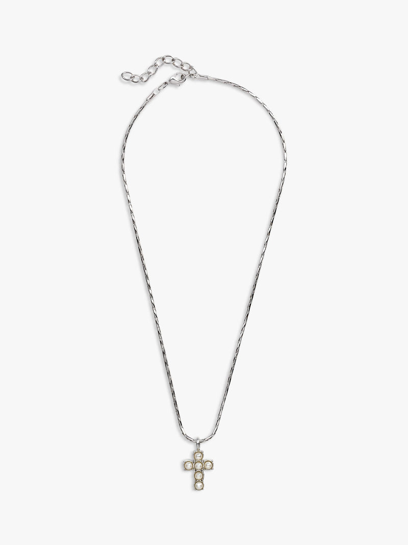 Eclectica vintage faux pearl cross pendant necklace 42cm, UK version