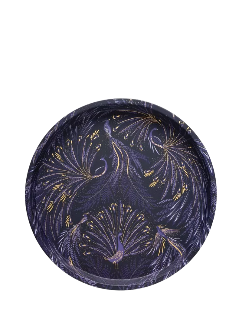 Sara Miller round tin tray with blue peacocks print, UK version