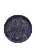 Sara Miller round tin tray with blue peacocks print, UK version
