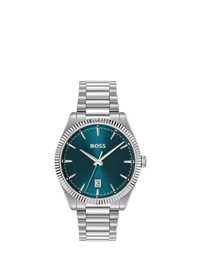 HUGO BOSS men's round stainless steel bracelet watch blue dial, imported from the UK