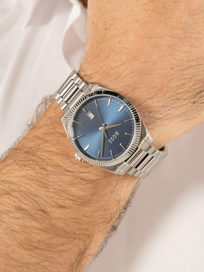 HUGO BOSS men's round stainless steel bracelet watch blue dial, imported from the UK