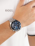 HUGO BOSS men's round chronograph watch silver blue dial (British brand)