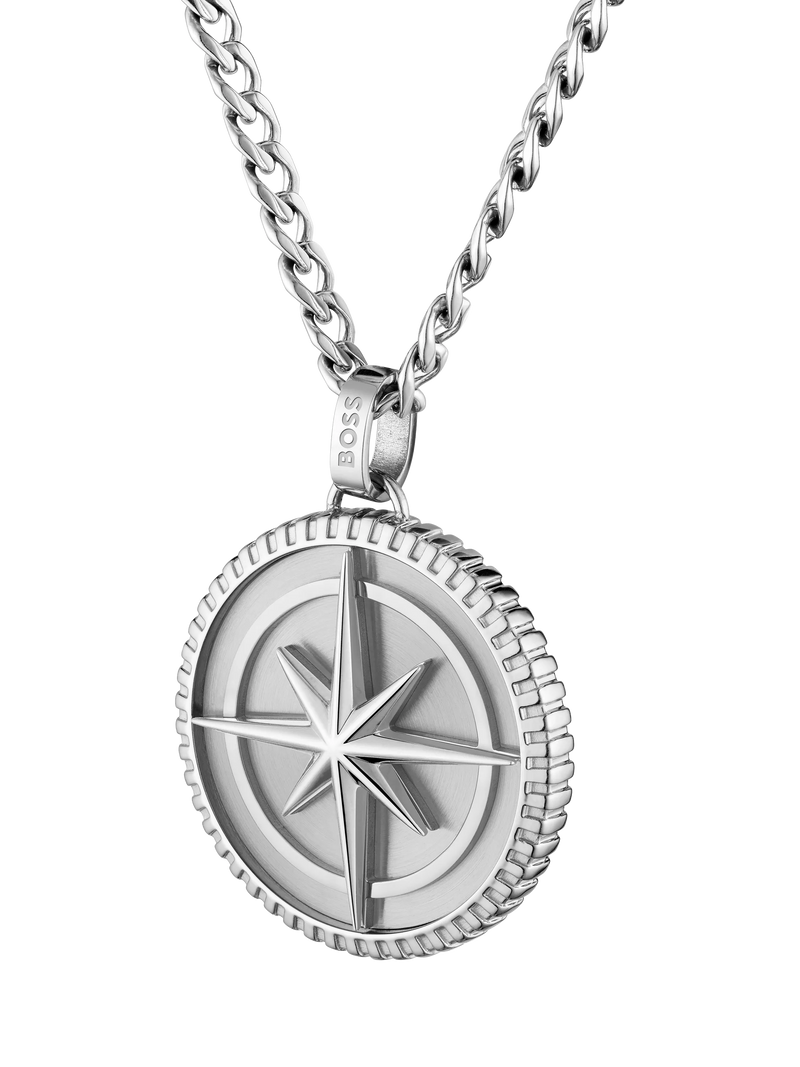 BOSS star embossed circular pendant necklace silver stainless steel - British product
