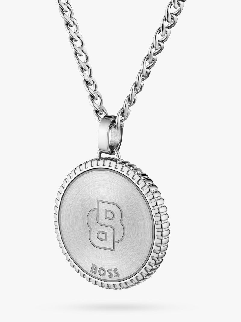 BOSS star embossed circular pendant necklace silver stainless steel - British product