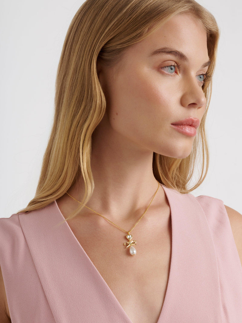 Ted Baker charm heart bow pearl drop pendant necklace - British product
