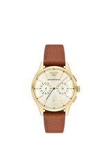 John Lewis Emporio Armani Japanese Movement Chronograph Watch with Brown Leather Strap and Cream Dial 42mm- Buy online at McGrocer
