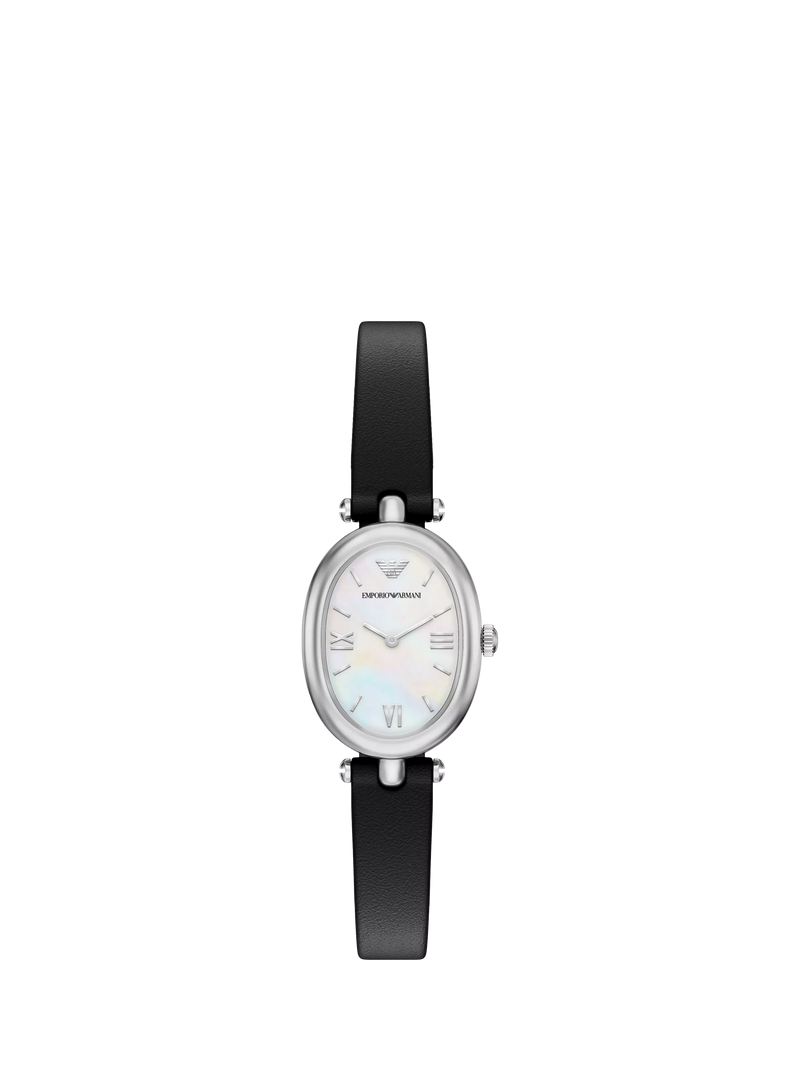Emporio Armani Sinfonia mother of pearl dial watch black leather strap, UK version