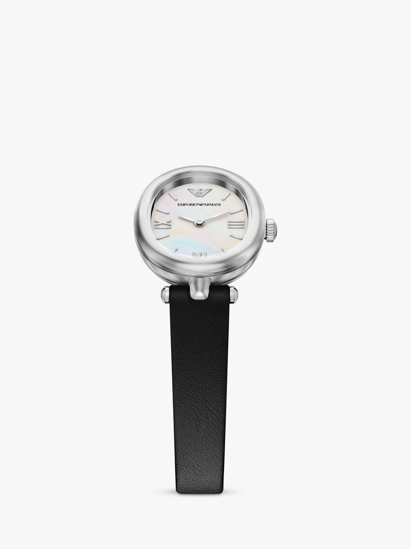 Emporio Armani Sinfonia mother of pearl dial watch black leather strap, UK version