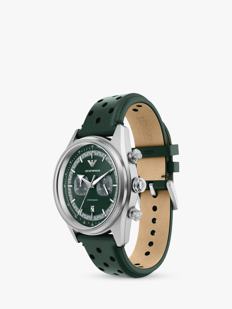 Emporio Armani men's chronograph watch green leather strap, imported from the UK