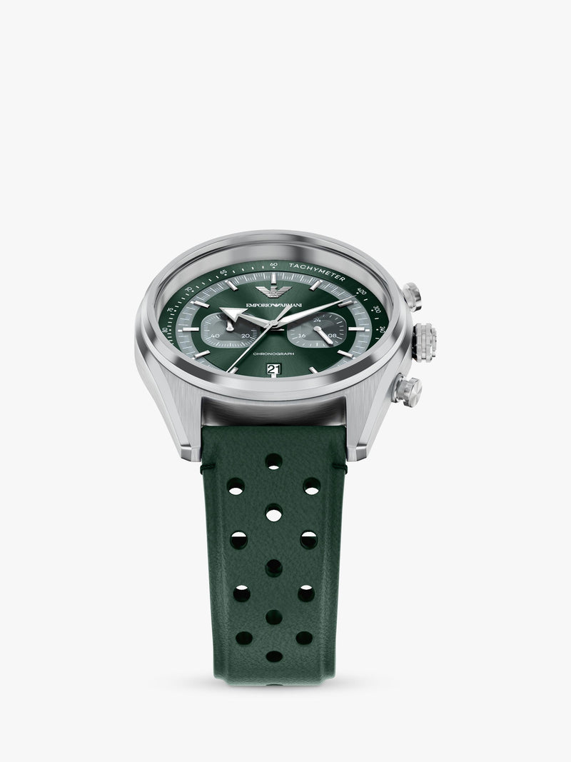 Emporio Armani men's chronograph watch green leather strap, imported from the UK