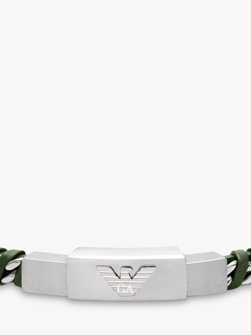 Emporio Armani braided leather bracelet silver green, UK version