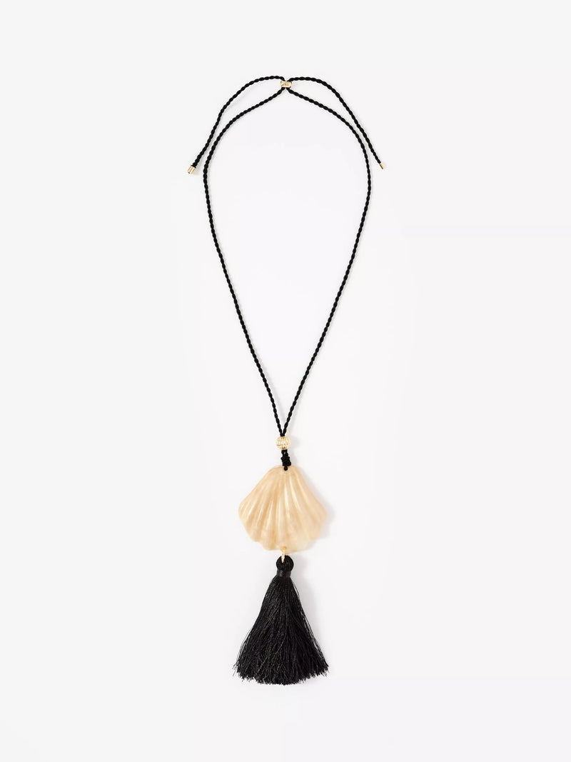 Mint Velvet shell tassel pendant necklace black multi gold toned, imported from the UK