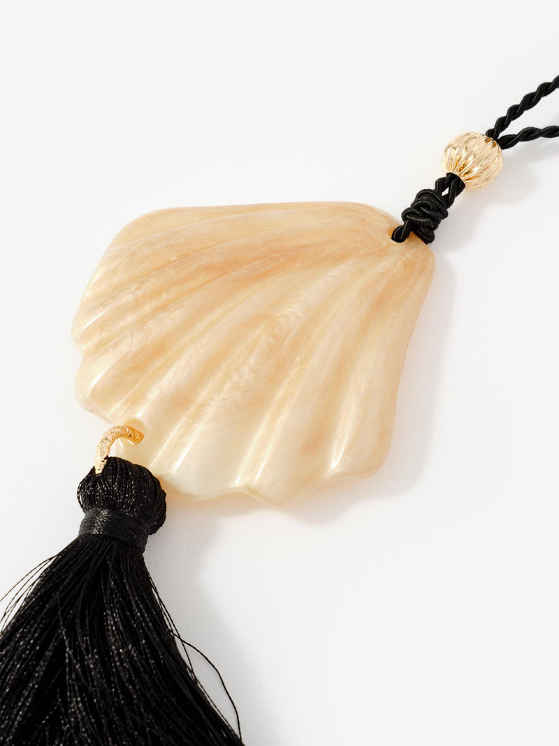 Mint Velvet shell tassel pendant necklace black multi gold toned, imported from the UK