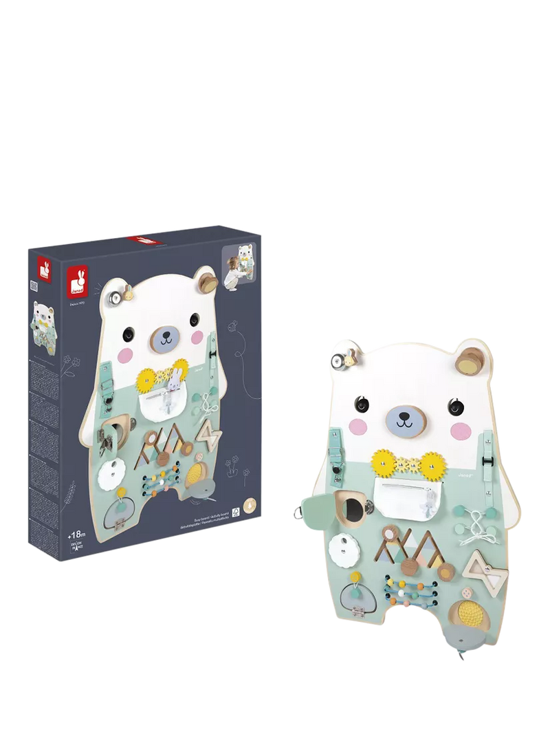 Janod bear busy board activity toy, imported from the UK