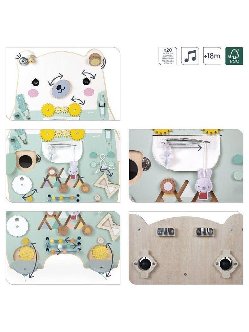 Janod bear busy board activity toy, imported from the UK
