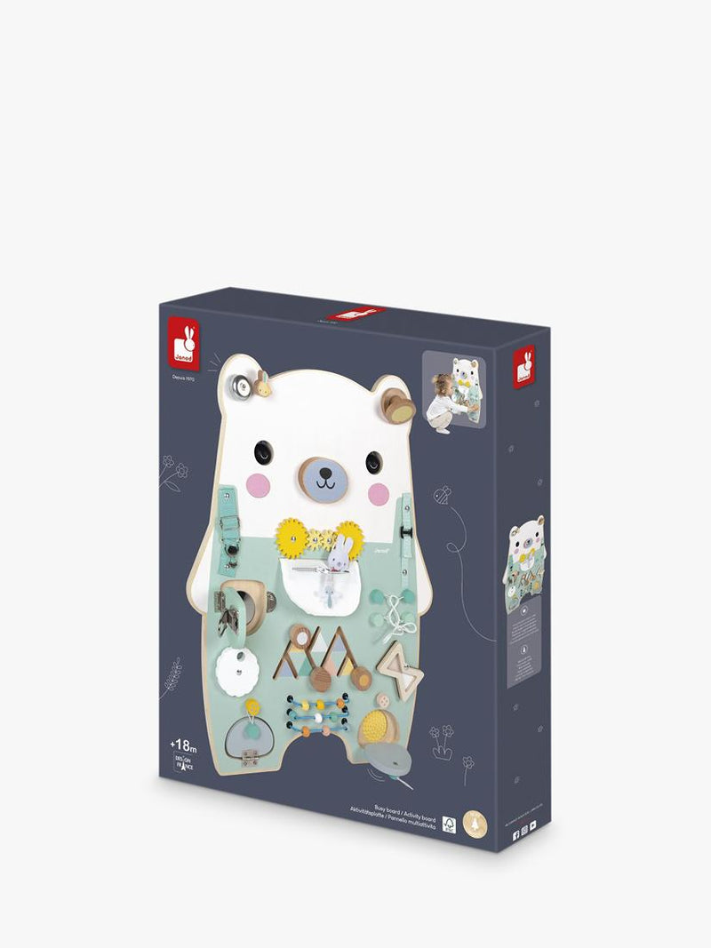 Janod bear busy board activity toy, imported from the UK