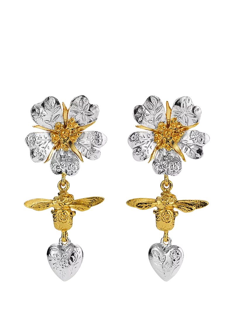 Alex Monroe wild rose heart drop stud earrings, imported from the UK