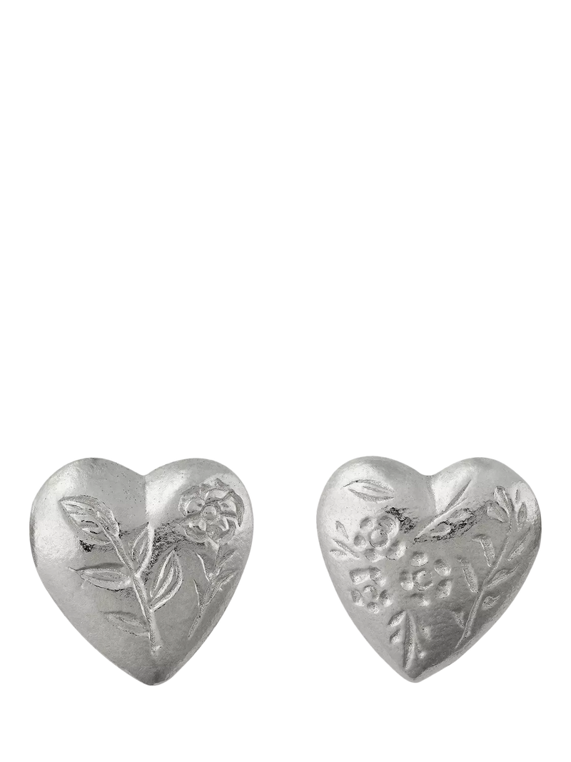Alex Monroe floral heart stud earrings, silver (British brand)