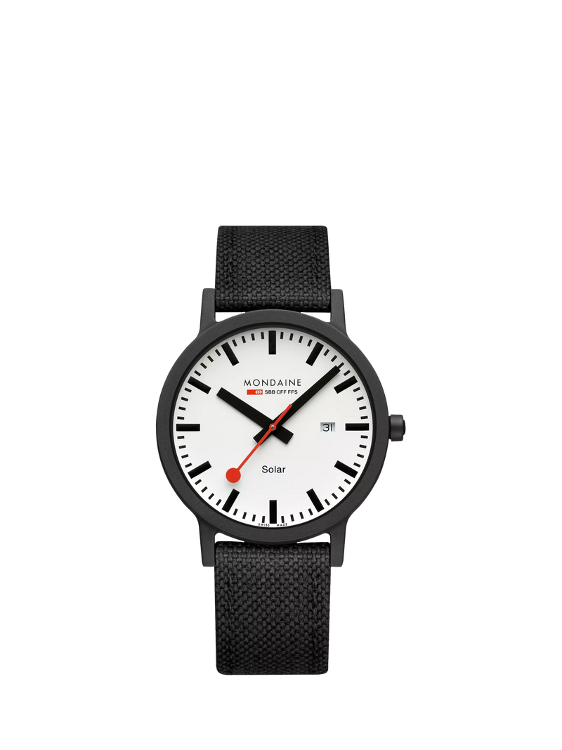 Mondaine Essence Solar watch men's 41mm black nylon strap, imported from the UK
