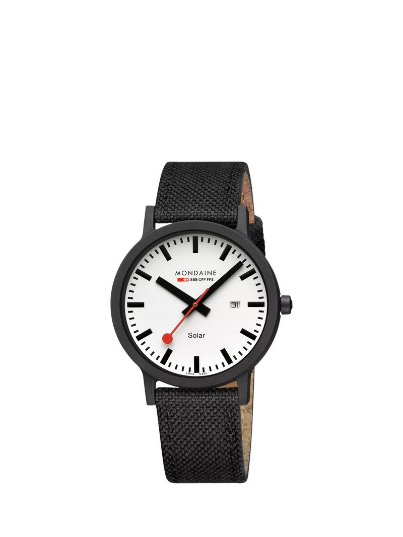 Mondaine Essence Solar watch men's 41mm black nylon strap, imported from the UK
