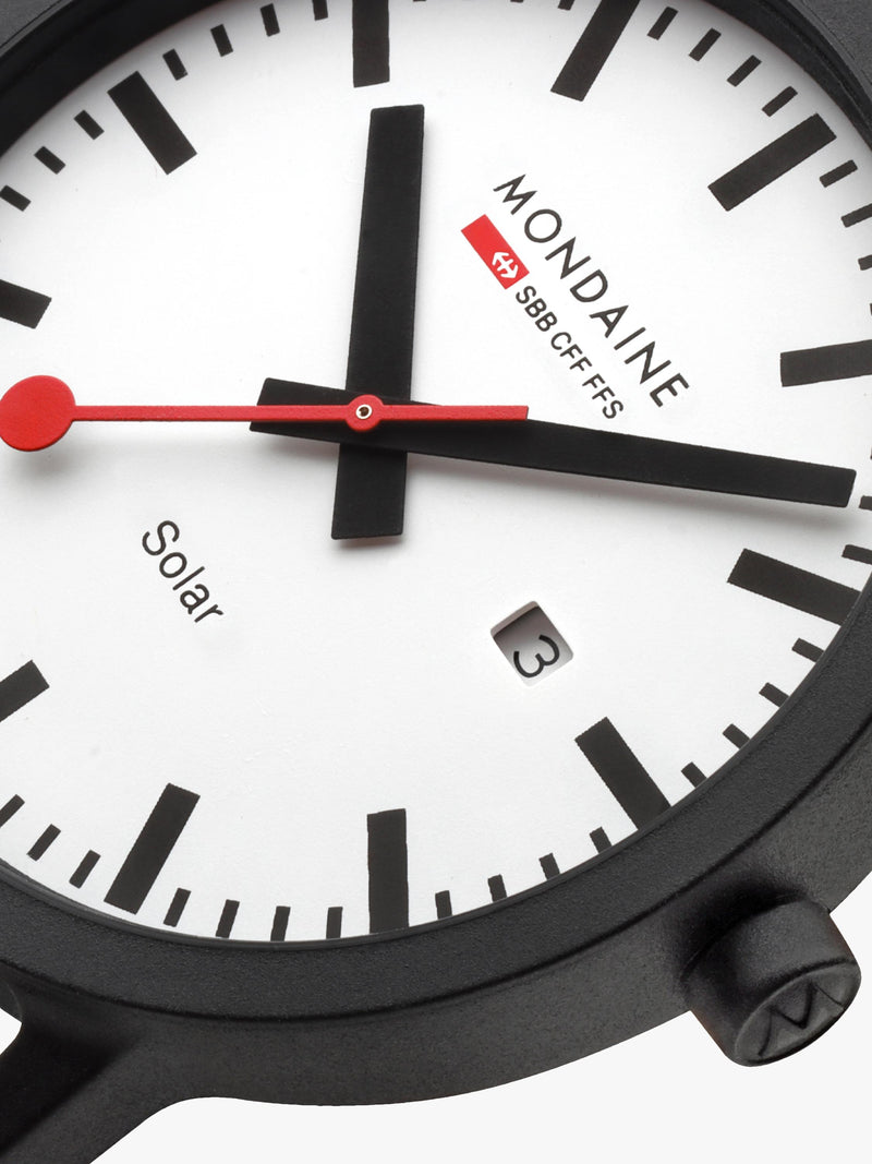 Mondaine Essence Solar watch men's 41mm black nylon strap, imported from the UK