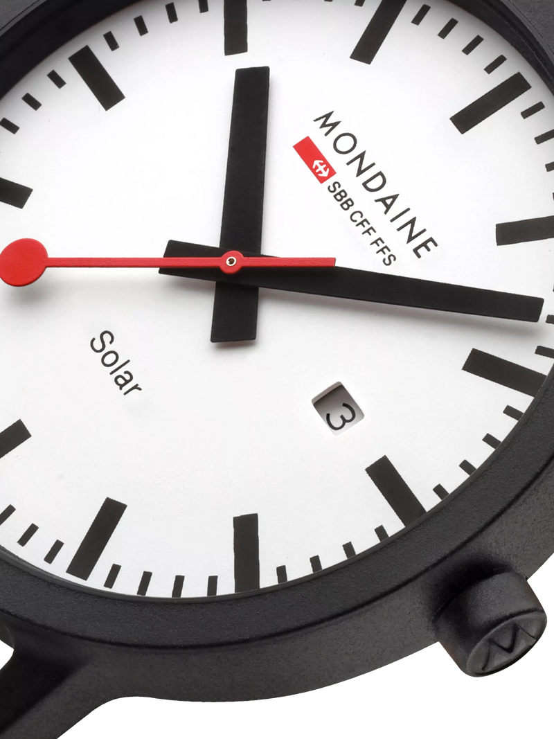 Mondaine Essence Solar watch men's 41mm black nylon strap, imported from the UK