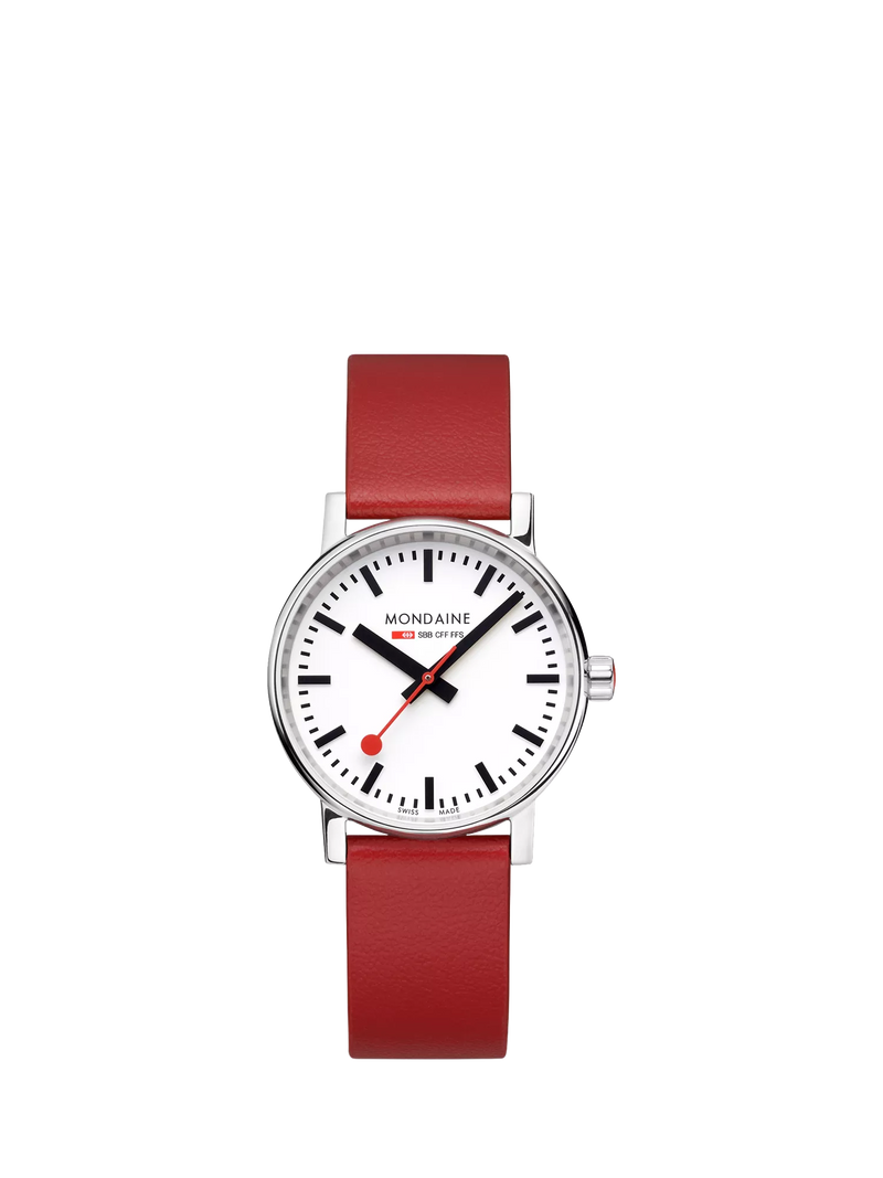 Mondaine vegan watch with red grape leather strap, UK version