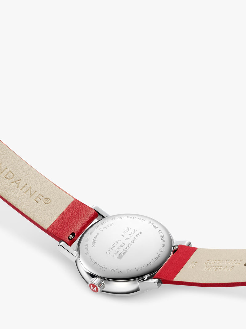 Mondaine vegan watch with red grape leather strap, UK version