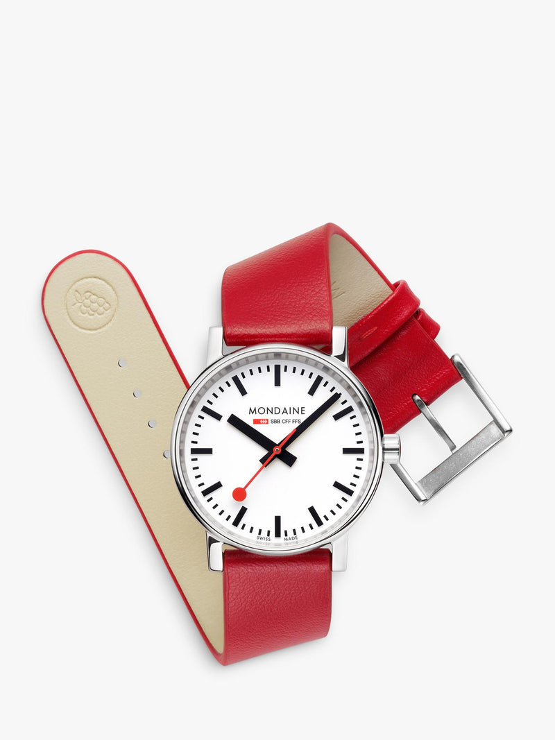 Mondaine vegan watch with red grape leather strap, UK version