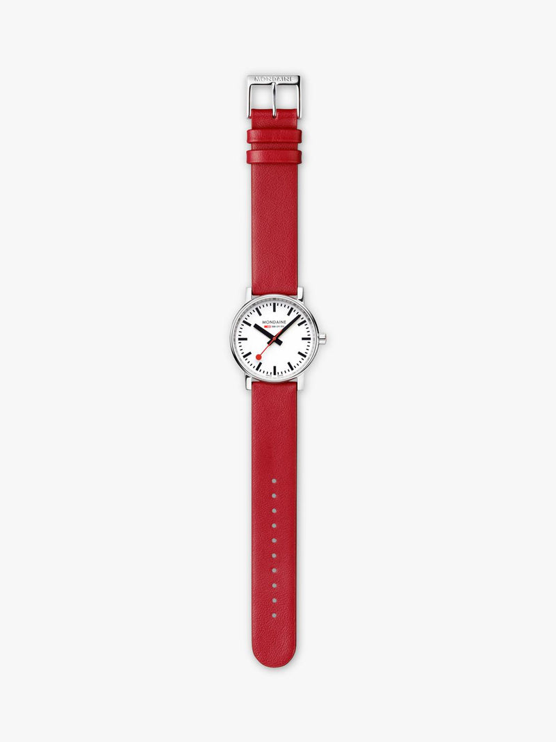Mondaine vegan watch with red grape leather strap, UK version