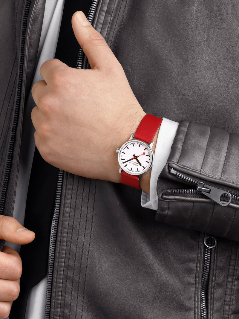 Mondaine vegan watch with red grape leather strap, UK version