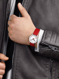Mondaine vegan watch with red grape leather strap, UK version