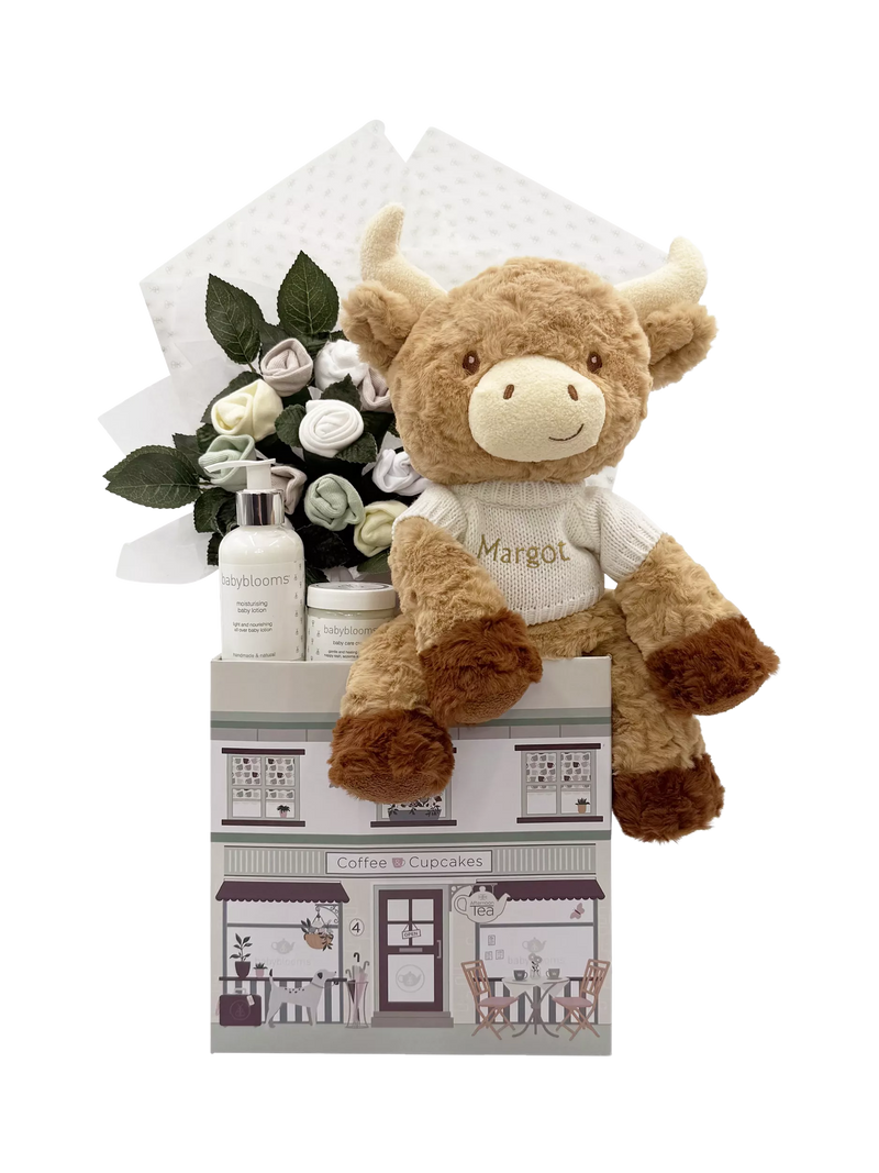 Babyblooms personalised Highland Cow welcome baby hamper, UK version